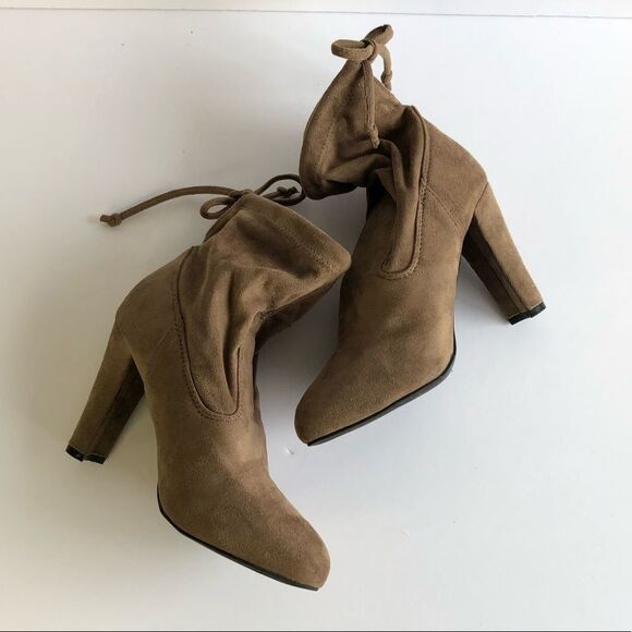 Revamped Suede Tie Up Ankle Chunky Heeled Booties Boots Heels Tan Brown - Picture 8 of 15